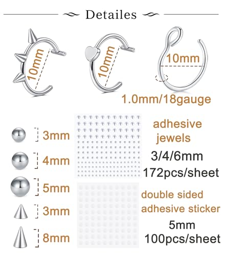 Longita Fake Lip Ring and Nose Piercing Set - Ball Spike, Hoop, Stud, Stick-on Bridge and Eyebrow Ring - Silver, Gold, Black2