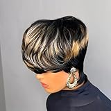 SAEIALL Short Human Hair Wig Pixie Cut Wig for Black Women Human Hair Multicolor Layered Short Haircut wig Glueless Wig with Bangs Full Machine Made Wig Quick Get Up and Go Wig
