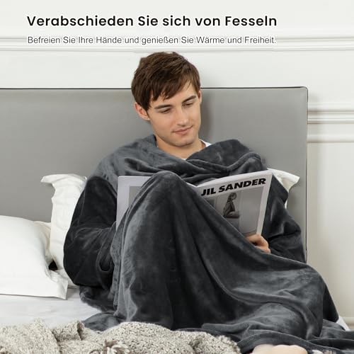 Winthome Kuscheldecke mit Ärmeln, Decke Weich Kuschelig Warm, Sofadecke Fleecedecke mit Klettverschluss und Gummibänder, Anziehbare Blanket für Winter Geschenke, Heizkosten Sparen (Grau,140x180cm)