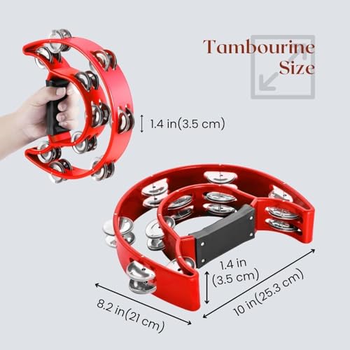 Image of PERLMAN Tambourine Half-Moon Double Row Jingles, Ergonomic Grip, Hand Percussion Dafli for Adults & Kids, Party /Stage Use (Red)