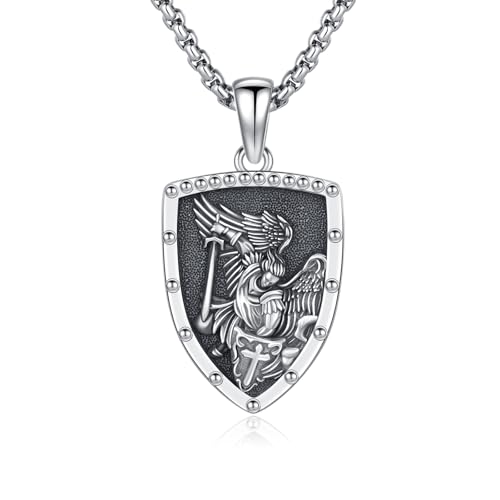 Collana San Michele: l'aspetto di questa collana Michele Arcangelo è l'Arcangelo Michele che contiene una spada e uno scudo. La collana è in argento 925 e la targhetta è placcata in oro. 