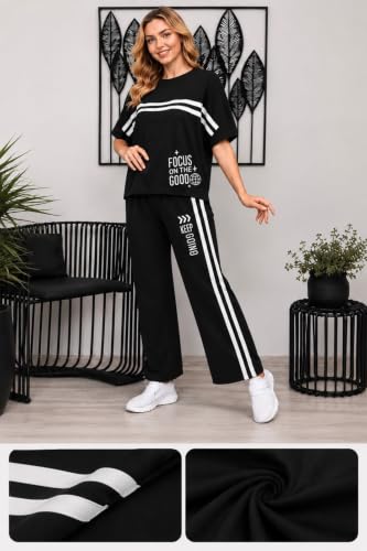 Image of Women's Printed Co-Ord Lounge Set | Oversized Half Sleeve T-Shirt & Straight Fit Track Pants | Casual Two Piece Co Ord Set for Daily Wear, Travel, Gym, Airport Look & Loungewear