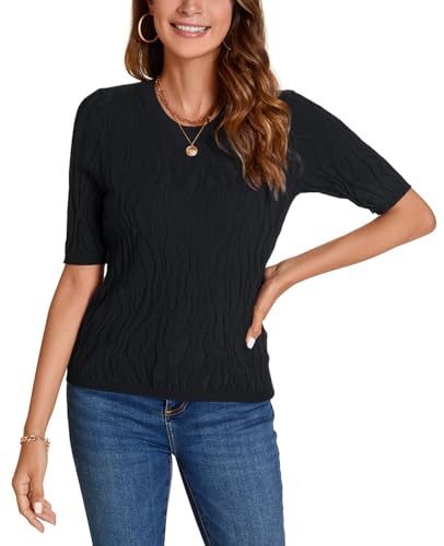 Image of MINTLIMIT Womens Short Sleeve Sweater Summer Pullover Shirt Tops Texture V Neck Casual Knit Tees Tops