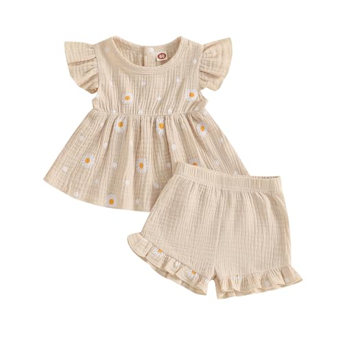 Newborn Infant Girl Clothes Daisy Print Ruffle Sleeve Shirt Dress Tops Shorts Baby Summer Outfit 3 6 12 18 24 Month (Khaki, 18-24 Months)