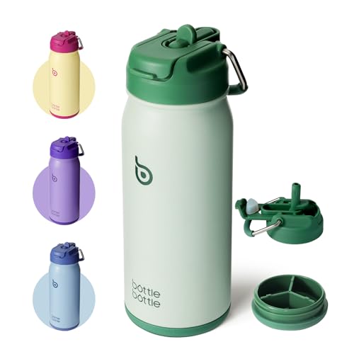 BOTTLE BOTTLE Stainless Steel Kids Water Bottle 16oz(470ml) Insulated Sports Water Bottle with Straw and Pills Holder for Gifts and School(Green)