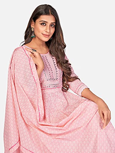 Image of Vbuyz Women's Printed & Handwork Anarkali Cotton Kurta with Pant & Dupatta | Kurta Set For Women | Suit Set For Women | Kurti Dress Set | Cotton Fabric Set
