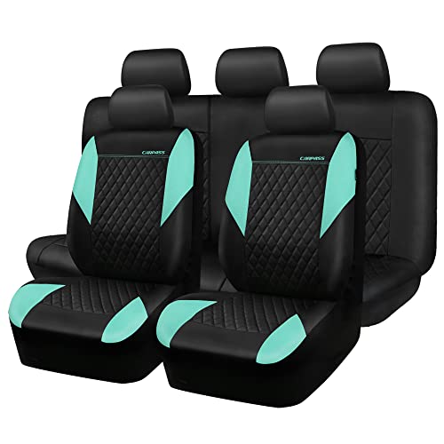 Image of CAR PASS Mint Leather Seat Covers Full Set-Universal Quilting Cute Girly Car Seat Cover with 5mm Composite Sponge Inside,Airbag Compatible,2zipper Bench for Most Sedan,SUV,Truck(Full Set,Mint)