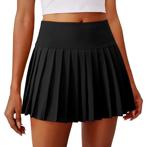 PINSPARK Pleated Athletic Skirts for Women Tummy Control Tennis Skirt with Shorts Underneath Golf Mini Skort with Pocket，Black M