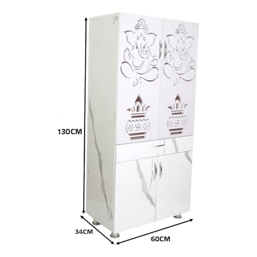 Image of White Marble Finish Mandir for Home with LED Light | OM Trishul Design | Large Size 130 x 60 x 34 cm | Modern Wooden Temple with Storage