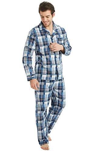 GLOBAL Mens Pyjama Sets | 100% Cotton Soft Flannel Pjs | Long-Sleeve Top Elastic and Drawstring Bottoms Blue White,Tartan M