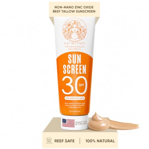 Best Mineral Sunscreen for Seniors Over 60: Gentle Formulas Without Harsh Chemicals 2 Eat My Face Beef Tallow Mineral Sunscreen SPF 30, Non-Nano Zinc Oxide, Reef Safe, Water Resistant 80 Min, Face and Body, Sensitive Skin, Cocoa Vanilla Scent, 4 fl oz Tube, Tinted