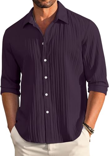 Image of FINIVO FASHION Men's Casual Cotton Polyester Blend Plain Button Down Shirt Long Sleeve Textured Summer Beach Shirt for Men