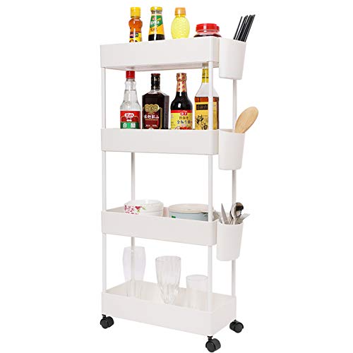 JAKAGO - Carrito de almacenamiento deslizante, 4 niveles, estante organizador de utilidad, estantes angostos, unidad móvil para despensa, cocina, oficina, baño (blanco)