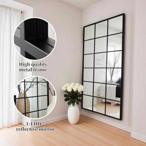 Image of Dewfig Windowpane Full Length Mirror, 65 inchx 24 inch Floor Standing Mirror, Black