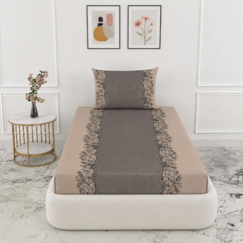 Image of VOMZER 320 TC Cotton Feel All Around Elastic Fitted Bedsheets King Size, Premium Elastic Fitted King Size Bed Sheet for Double Bed with 1 Pillow Covers, Size- 72 inch x 36 inch (Coffee)