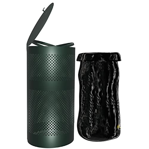Image of Flash Furniture Kessler 11.5 Gallon Stainless Steel Outdoor Trash Can with Lid, Freestanding or Mountable Design, 20 Trash Bags Included, Green