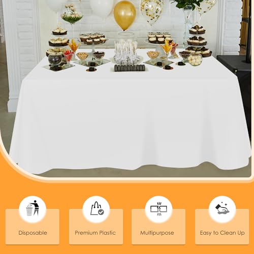 Image of tujol White Disposable Plastic Table Cloth Roll 54 inch X 100', Plastic Table Cover with Cutter Box, Cut to Size Disposable Tablecloth for Parties
