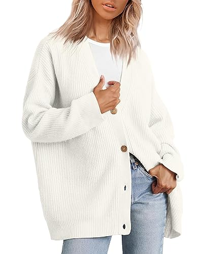 Image of ebossy Women's Open Front Knit Cardigan Casual Long Sleeve Oversized Button Lightweight Sweater Outwear (S, White)