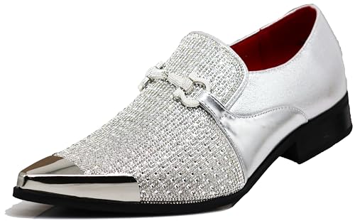 Image of Enzo Romeo Crisino Men Rhinestone Chrome Toe Suede Pointy Buckle Dress Loafer Slip On Shoes (Silver 03, US Footwear Size System, Adult, Men, Numeric, Medium, 11)