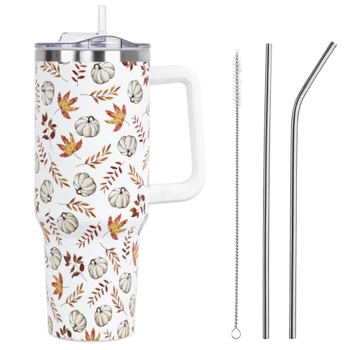 Zbnisiw Fall Tumbler with Lid and Straw 40oz,White Pumpkin Maple Leaf Vacuum Autumn Insulated Leak Proof Tumbler,Farmhouse Cute Gifts Women Girls,Thanksgiving Accessories Stainless Steel Coffee Cup