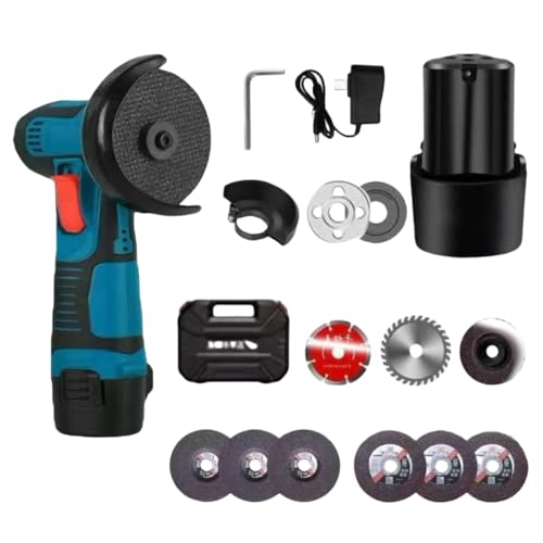 Deronderディスクグラインダー ハンドヘルドカッター 12V 充電式ディスクグラインダー コードレス バッテリー2枚付き 金属の研磨 石材 木材切断 錆落とし (ブルー(バッテリー1個、充電1))