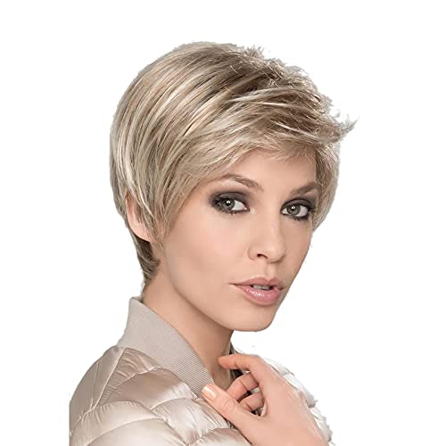 BCHR, Short Layered Natural Blonde Wigs with Bangs Natural Synthetic Hair Full Wigs for Women