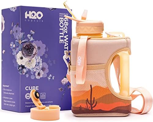 H2O Capsule Cube - 2.2L Half Gallon Water Bottle with Storage Sleeve, Covered Straw and Chug Lid – BPA Free Reusable Sports Jug with Handle, 2.2 Liter (74 Ounce), Desert Sunset
