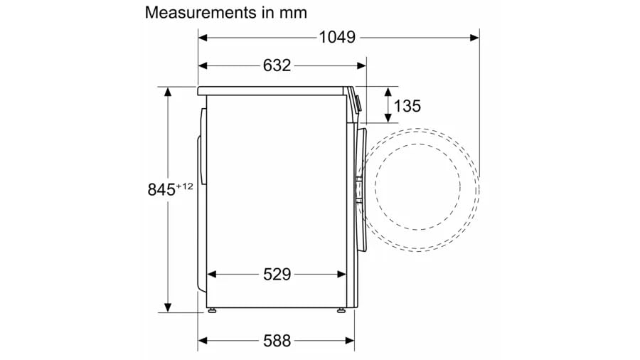 Technical drawing showing dimensions of the washing machine in millimeters