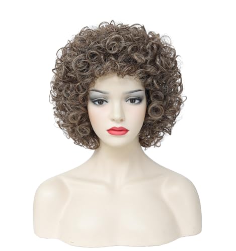 Image of Women's Short Afro Wig, 70s Disco Fluffy Synthetic Wig, Small Curly Afro Wig for Halloween, Cosplay and 80s Theme Party.(Light Brown)