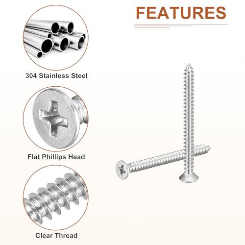 Image of DTGN 100Pcs #4x1-3 /8 inch Flat Head Wood Screws, 304 Stainless Steel Phillips Self Tapping Screws - Good for Woodworking, Furniture - Silver