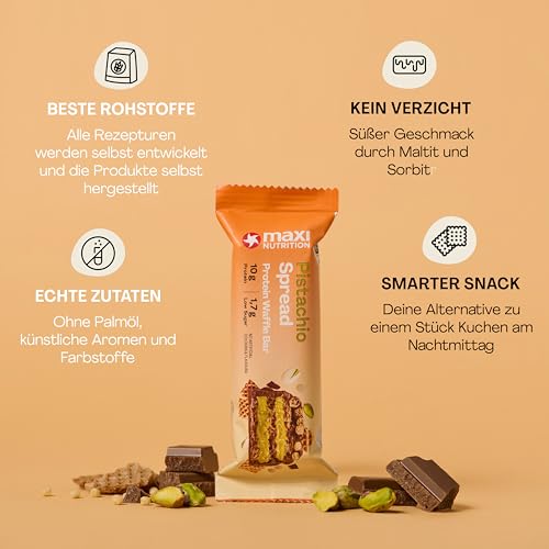 MaxiNutrition Pistachio Spread Protein Waffle Bar, 26% Eiweiß, 199 kcal, (12 Eiweißriegel x 39g), Ohne Zuckerzusatz