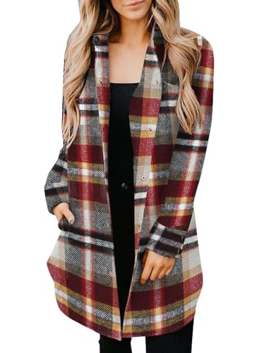 EVALESS Plaid Jackets for Women Fashion Fall Outfits V Neck Long Sleeve Shacket Jacket Button Down Flannel Shirts Loose Cardigans Coats With Pockets Yellow Small