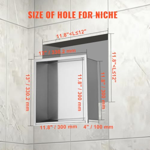 VEVOR Shower Niche No Tile Needed, Stainless Steel Niche for Shower Wall, Sealed Waterproof Rust-Resistant Bathroom Niche for Storage, 13x13'' Single Shelf by VEVOR - Used condition - Image 4