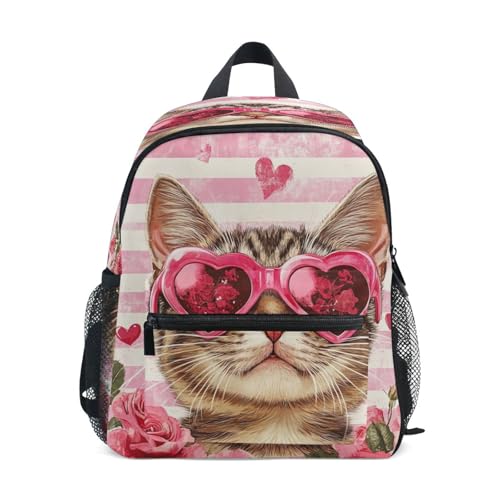 Wudan Valentines Cat Pink Rose Kids Backpacks Chest Strap Boys Girls Bookbags for Elementary M