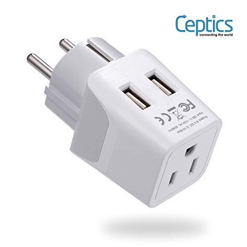Image of Ceptics Schuko, Germany, France, Spain Travel Adapter Plug with Dual USB - USA Input Type E /F - Ultra Compact Perfect for Cell Phones, Laptop, Camera Chargers, iWatch, iPad, iPhone and More (CTU-9)