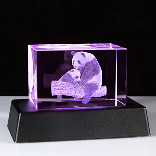 K9 Crystal Engraved 3D Pandas Collectible Figurines Two Hugging Pandas Keepsake Birthday Gifts for Mum Glass Ornaments with LED Light