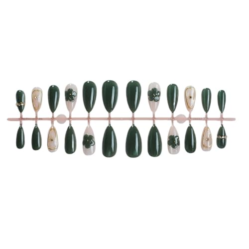 Image of Green Press on Nails Medium Almond Fake Nails Glitter False Nail with Gold Design Flower Glue on Nails Reusable Artificial Acrylic Full Cover Stick on Nail for Women Manicure 24Pcs
