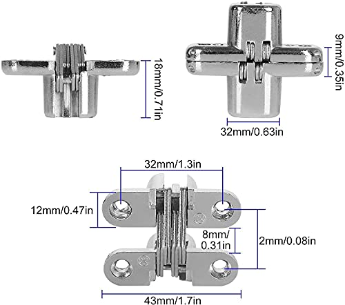 Hidden Door Hinges 10 Pack Concealed Cross Hinge Invisible 180 Degree Hinge Swing Coss Invisible Hinge For Cabinets, 0.47'' Leaf Width, 1.7" Leaf Hight #TOP1