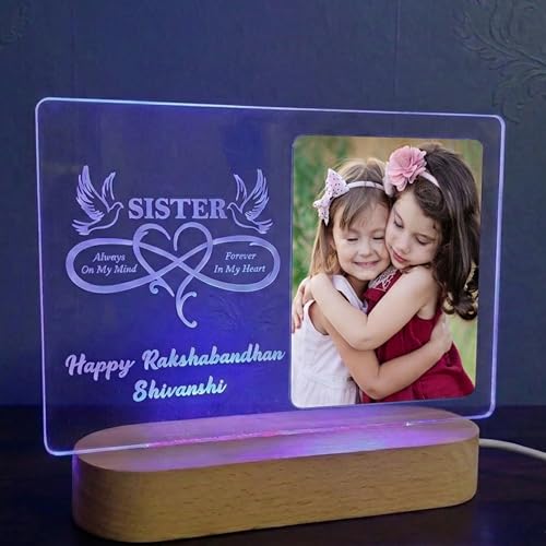 Image of Personalized Sister Raksha Bandhan LED Table Lamp - Custom Photo Multicolor Acrylic Night Light with Quote - Gift for Sister from Brother