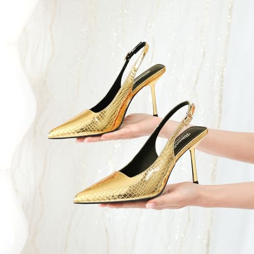 Image of RIBONGZ Sexy Slingback Pumps Elegant Dressy Heels for Women Closed Toe Pointy High Heels Wedding Bride Prom Party Evening Shoes
