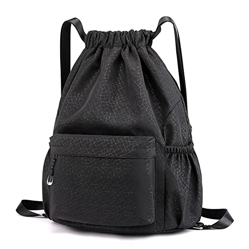 Image of HOLYLUCK Drawstring Backpack Sports Gym Bag Water Resistant String Bag Cinch Sackpack with Side Zipper Pocket for Shopping Sport Yoga -black