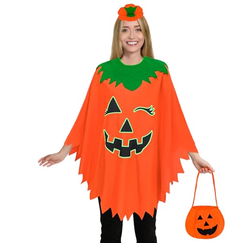 Yezmo Kürbis Kostüm, Halloween Kürbiskostüm Damen Frau Mit Kürbis Umhang Tasche Pumpkin Candy Bag Für Karneval Cosplay