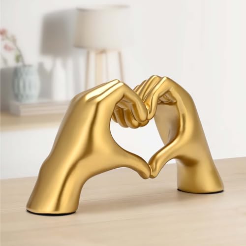 Estatua de manos en corazón decorativa en resina dorada miniatura 3