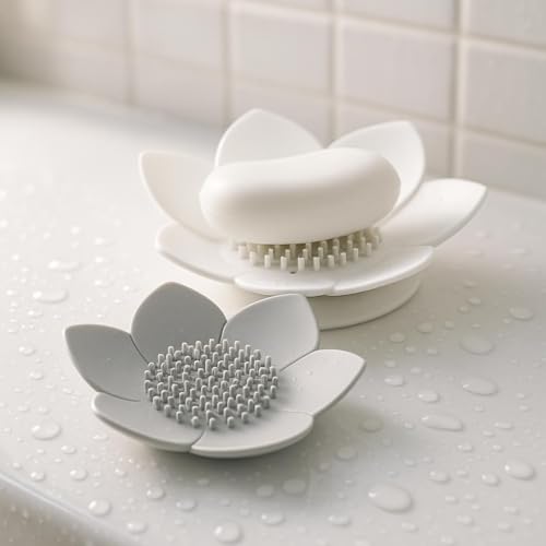 2 Pack Lotus Shower Steamer Trays Silicone Soap Holder with Self Draining - Elegant White & Gray Lotus Flower Shape Soap Dish Perfect for Bathroom Counter Kitchen Sink Shower Organizer