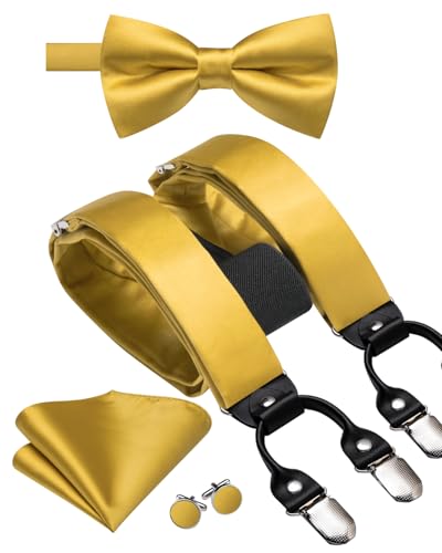 Image of Hi-Tie Men Suspender Bowtie Set Suspenders Pre-tied Bow Tie Pocket Square Cufflinks Adjustable Y Shape 6 Clips Braces Tuxedo