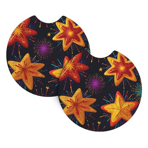 Sottobicchieri stampati a forma di stella con cartoni animati e fuochi d'artificio, per auto, decorazione per la casa, confezione da 2, diametro 6,9 cm
