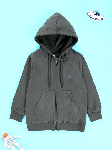 Image of KiddoPanti Boys Solid Cotton Full Sleeve Zip-Up Front Open Hooded Sweatshirt