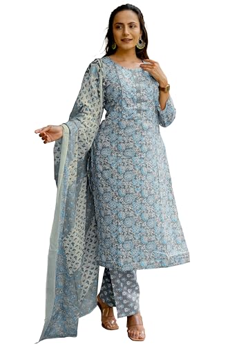 Image of MIRCHI FASHION Women's Straight Fit Pure Cotton Embellished Floral Printed Kurta Set with Dupatta and Trouser