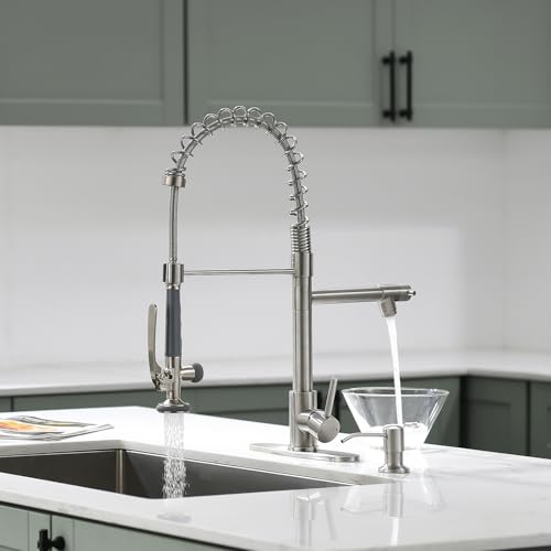 Image of Fapully 4 Hole Kitchen Sink Faucet with Soap Dispenser Brushed Nickel