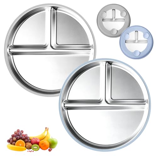 CHENBOOW Piatto con Ventosa per Bambini,2 Pezzi Piatto Svezzamento,Piatto in Acciaio Inox per bambini,Piatti Bambini Pappa Svezzamento Piatto,Piatto Antiscivolo,Piatti per Bambini in Acciaio Inox
